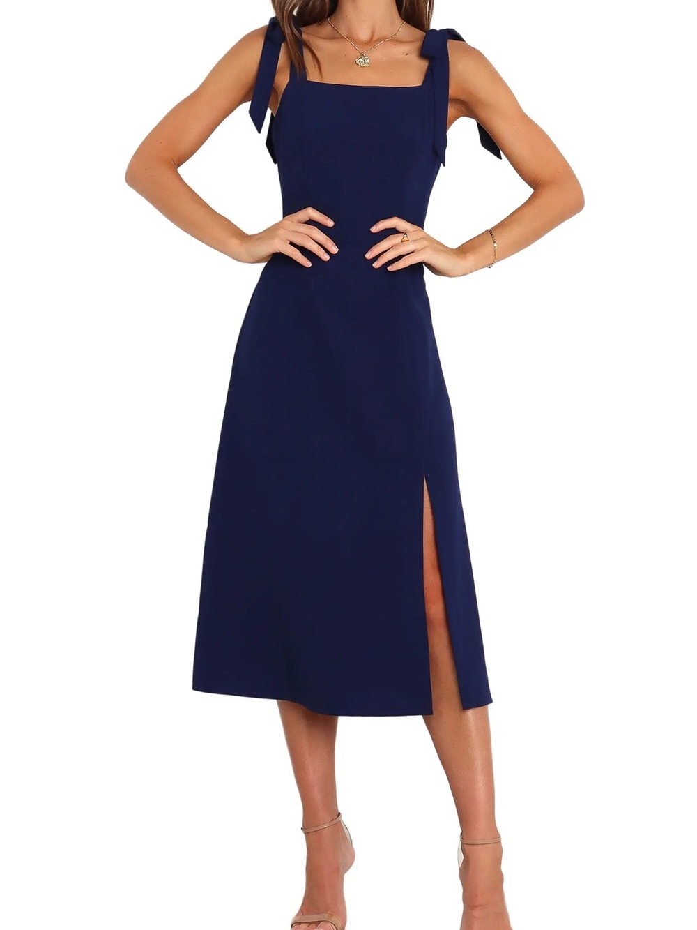 Petal & Pup Navy Tie-Shoulder Midi Dress with Side Slit